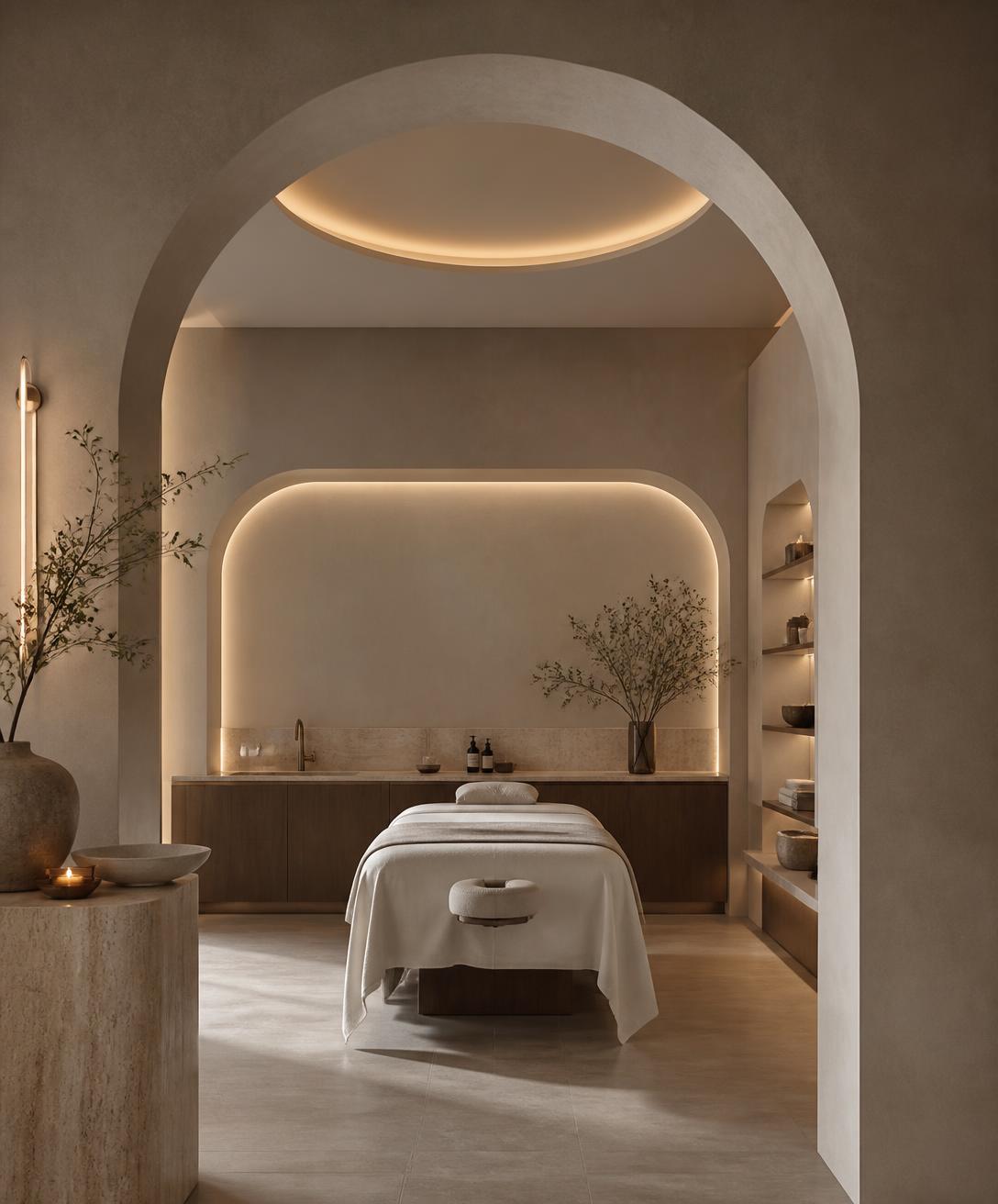 La Nuova spa interior with a curved arch, warm lighting and stone textures